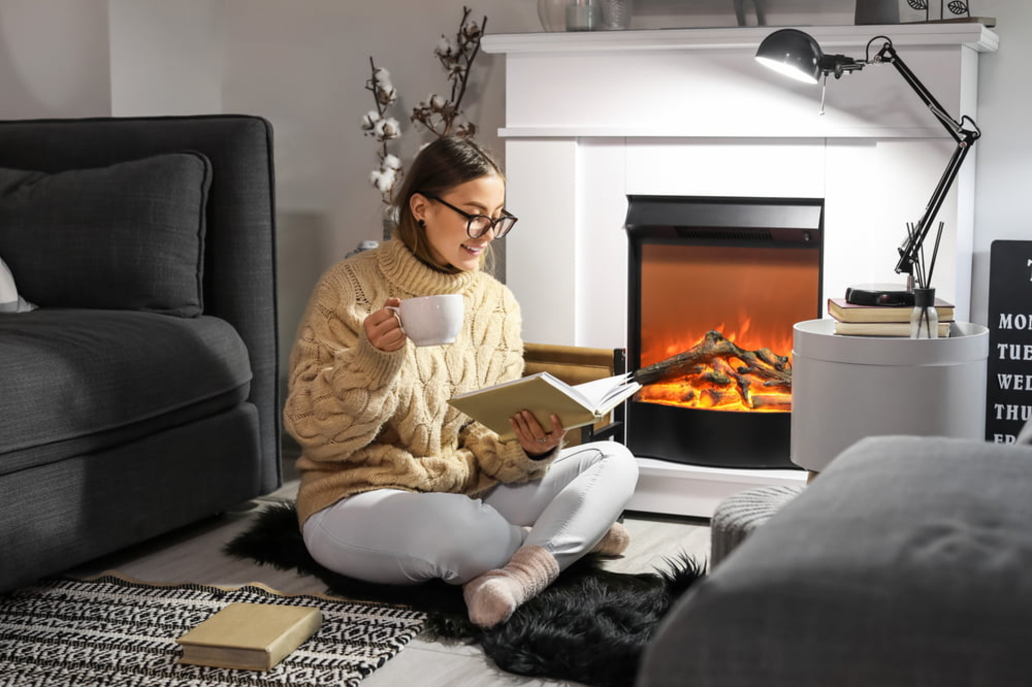 Warm fireplace creating cozy atmosphere